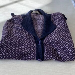 Irish Wool Cardigan Sweater Argyle Collared Ruffle Hem Purple Navy Lightweight